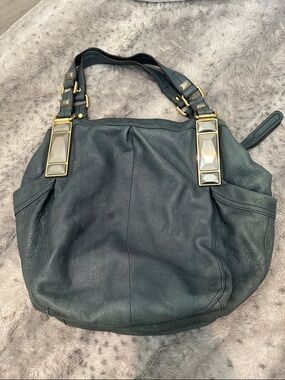 b. makowsky Dark Teal Leather Shoulder Bag with Gold Hardware